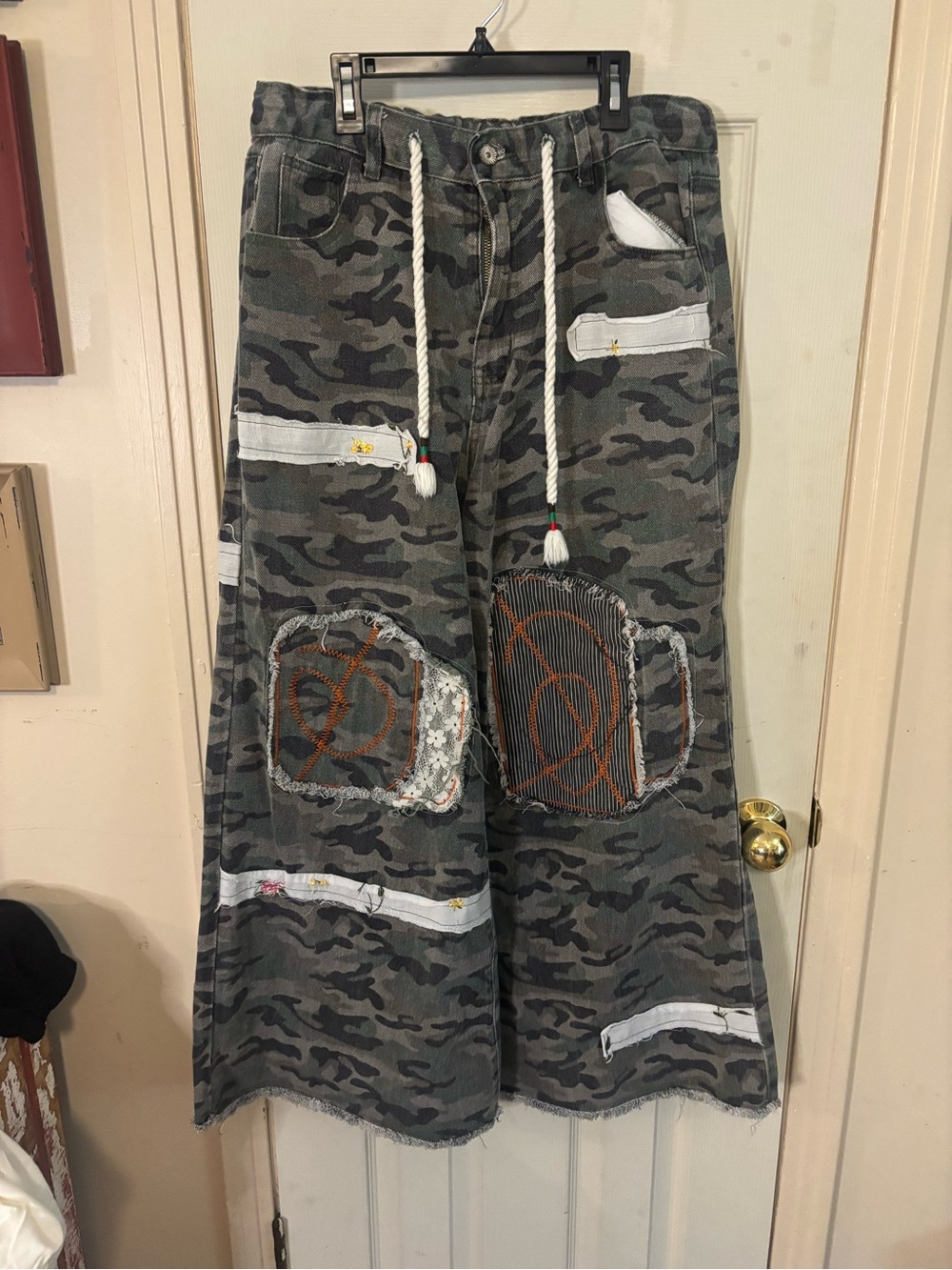 POL Camo Wide-Leg Cargo Pants with Patchwork & Rope Drawstring